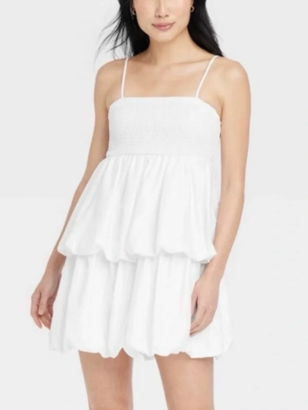 a new day White Smocked Mini Dress with Bubble Hem and Spaghetti Straps